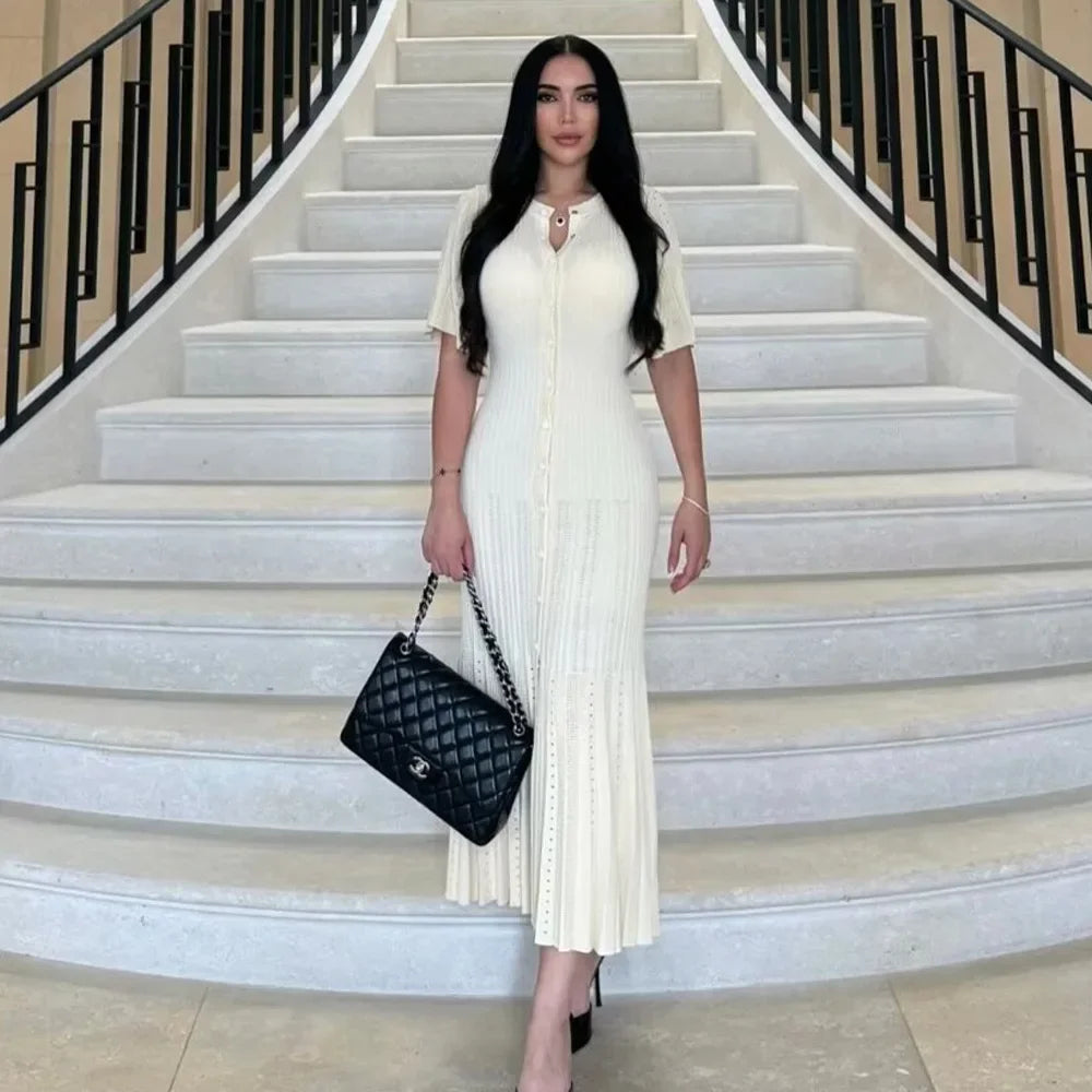 Women Elegant Knitted Long Dress Casual O Neck Solid Short Sleeved Button High Waist Split Dresses New Female Fashion Gown