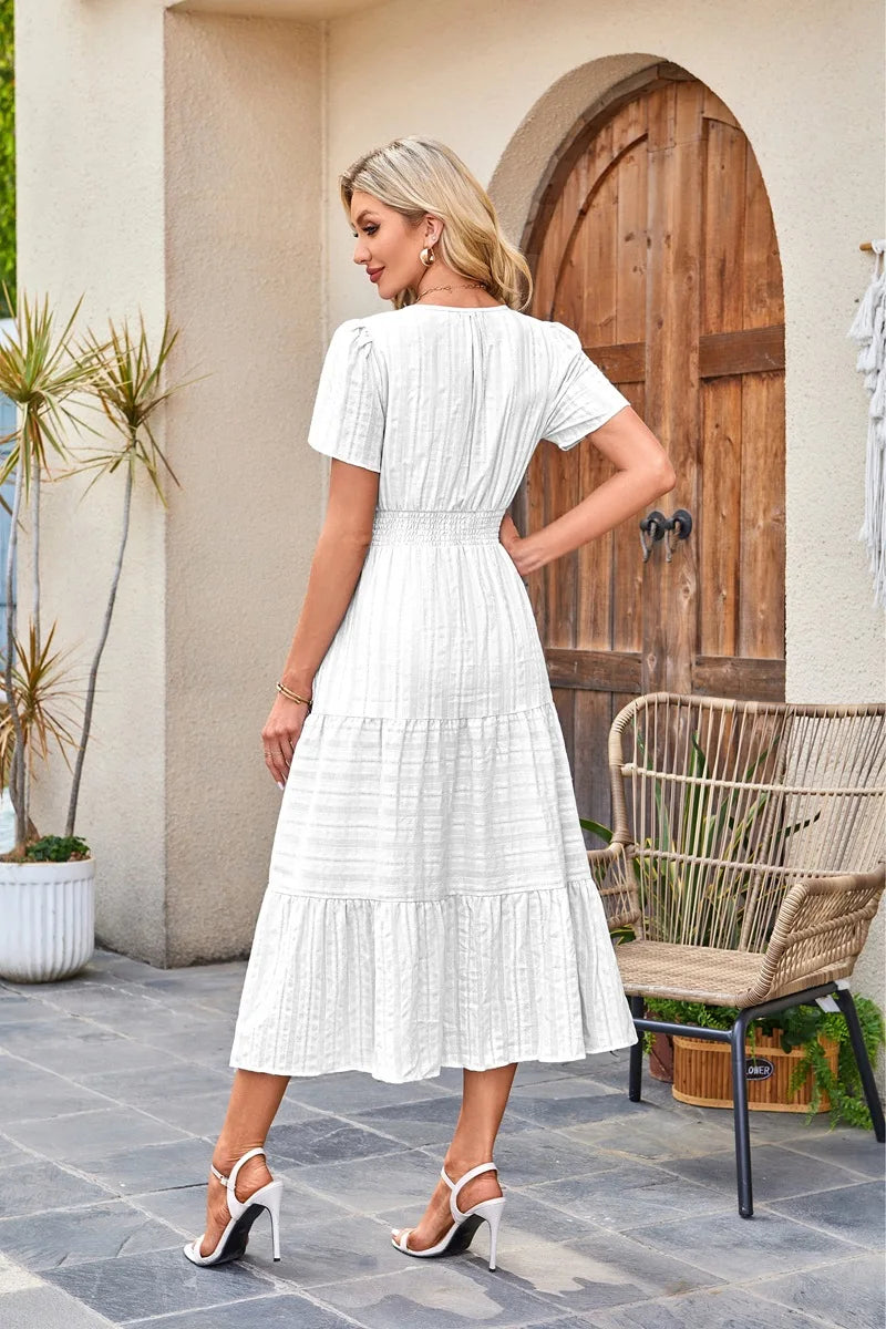 2026 New Dresses Women V Neck Ruched Puff Sleeve Dress Short Sleeve A-Line Flowy Dress Casual Summer Dropshipping