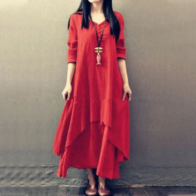 Women's Dress Long Dress Fashion Fake Two Pieces Loose Long Sleeve Art Big Swing Cotton Hemp Bohemian Cotton Vintage Women Dress
