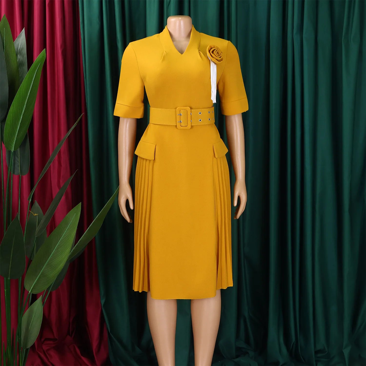 Elegant Party Dresses for Women V Neck Short Sleeve Belt Waisted Pleated Mid Calf Fashion Ladies Birthday Dinner Night Wear Robe