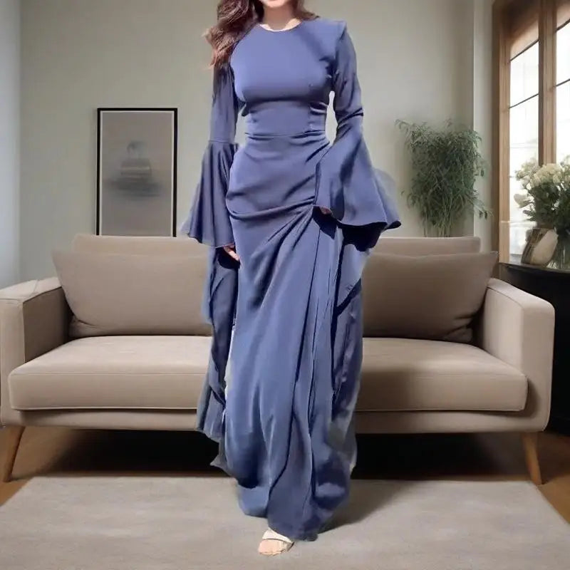 Evening Gown Dress Women's Sexy Slim Fit Solid Color Round Neck Flared Sleeves Elegant Style Summer New Item
