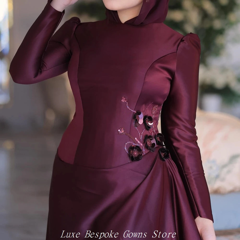 Women's Formal Evening Gowns A-line Floor-length O-neck Full Sleeve Prom Dresses Fashion Flowers Simple Draped Customized Gowns