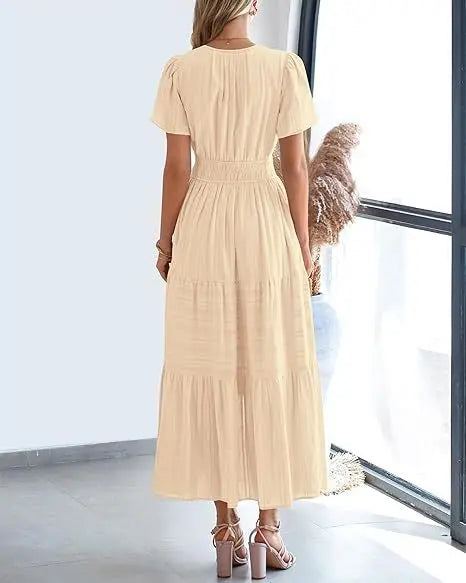 2026 New Dresses Women V Neck Ruched Puff Sleeve Dress Short Sleeve A-Line Flowy Dress Casual Summer Dropshipping