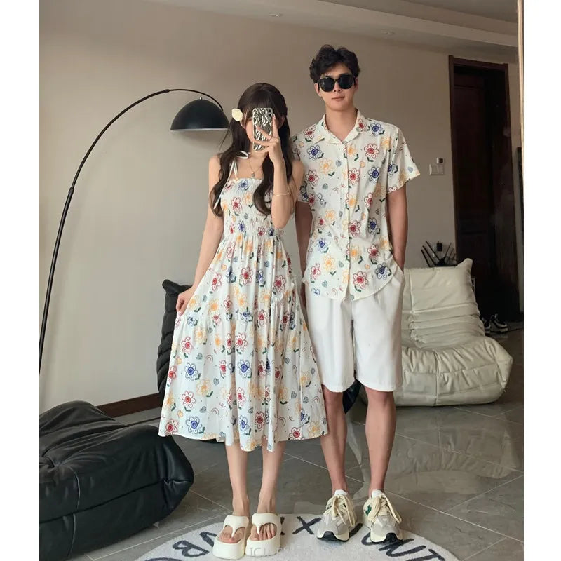 Parent-Child Family Holiday Outfits For Couple Brother Sister Dad Son Beach Shirts Mom Girl Floral Smocking Dress Korean Clothes