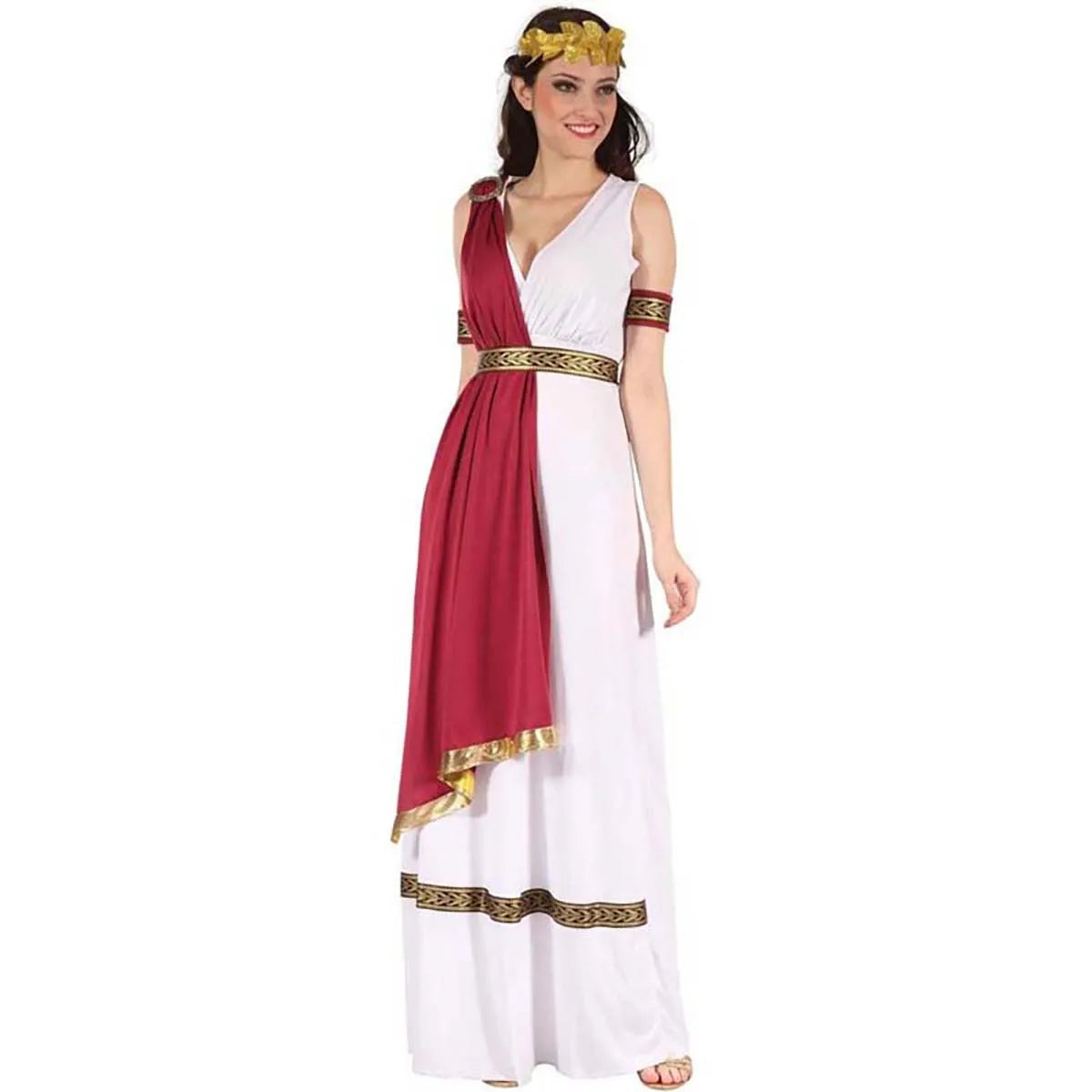 Couple's Greek Roman Toga Costumes Men Women White Robe with Red Sash Gold Trim Halloween Party Cosplay Outfit