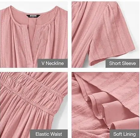 2026 New Dresses Women V Neck Ruched Puff Sleeve Dress Short Sleeve A-Line Flowy Dress Casual Summer Dropshipping