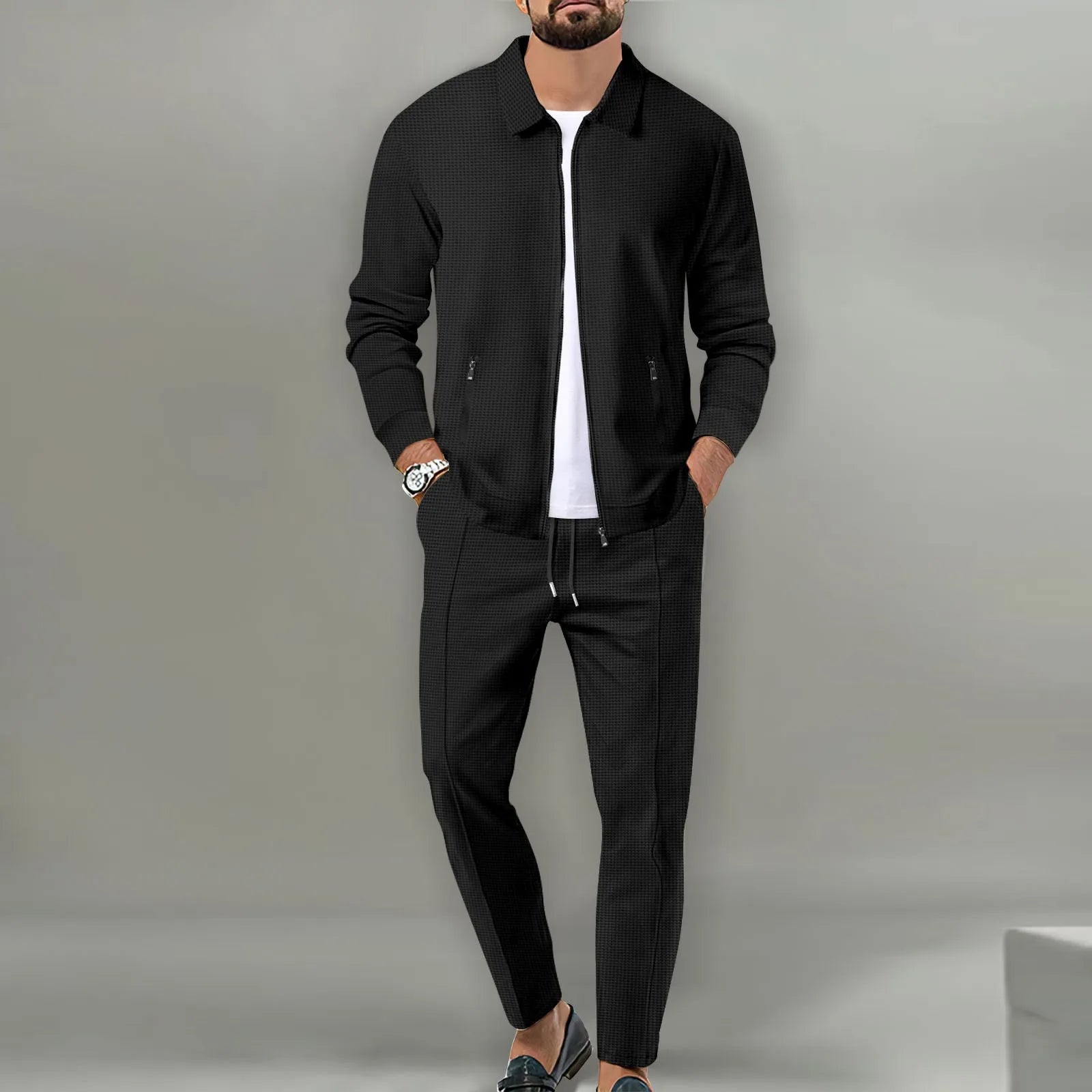 The new spring-autumn men's suit featuring a stylish waffle jacket and plain-colored trousers makes for a great casual outfit.
