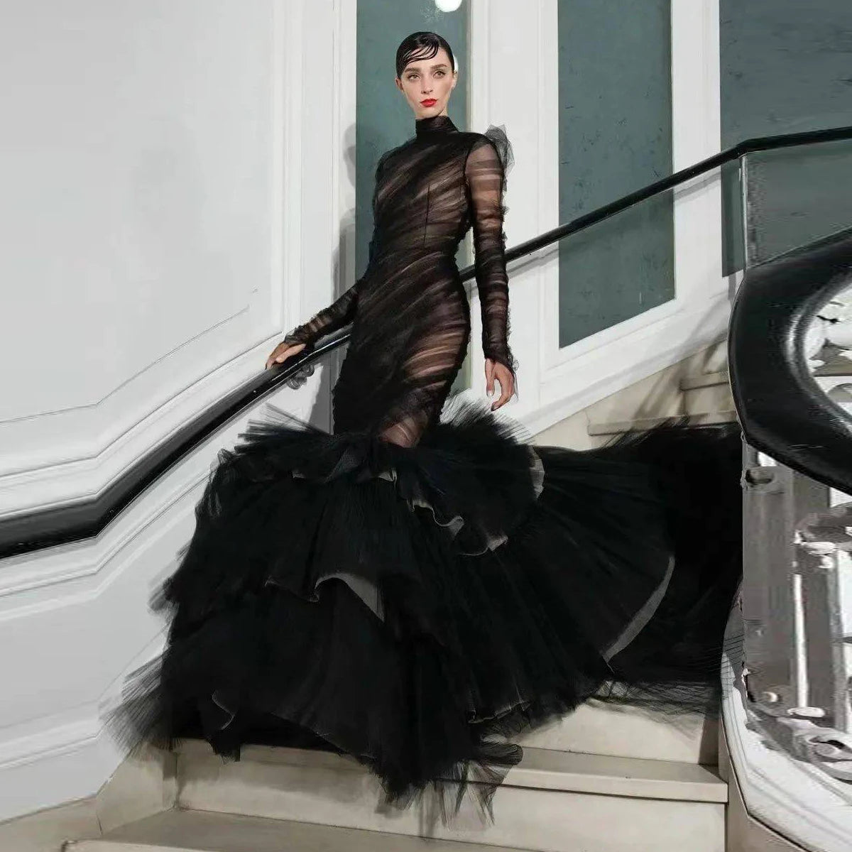 2023 New Top Fashion Prom Gown See Through vestido do fiesta Lush Ruffle Women Dresses Trumpet Layered Party Gowns Sleeve