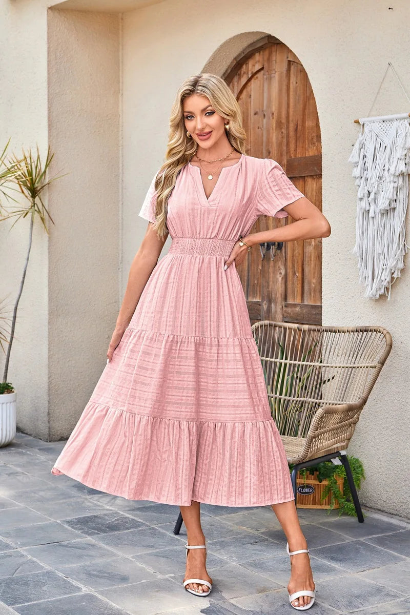 2026 New Dresses Women V Neck Ruched Puff Sleeve Dress Short Sleeve A-Line Flowy Dress Casual Summer Dropshipping
