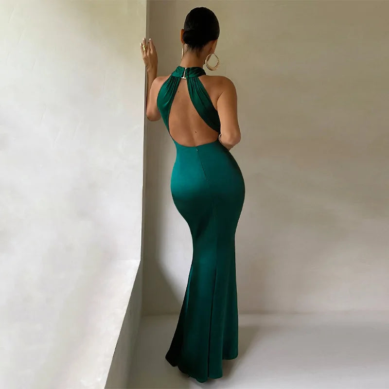 Women's Vestidos De Fiesta Elegantes Vestidos Elegant Halter Neck Twist Front Maxi Dress Slim Fit Evening Party Gown