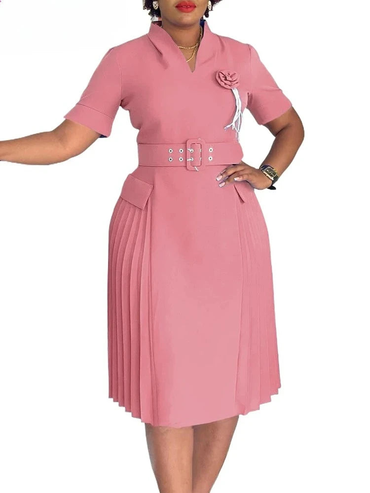 Elegant Party Dresses for Women V Neck Short Sleeve Belt Waisted Pleated Mid Calf Fashion Ladies Birthday Dinner Night Wear Robe