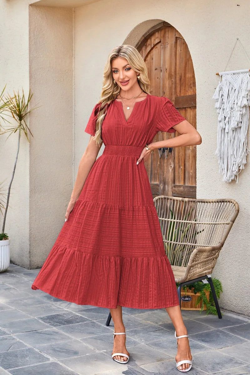 2026 New Dresses Women V Neck Ruched Puff Sleeve Dress Short Sleeve A-Line Flowy Dress Casual Summer Dropshipping