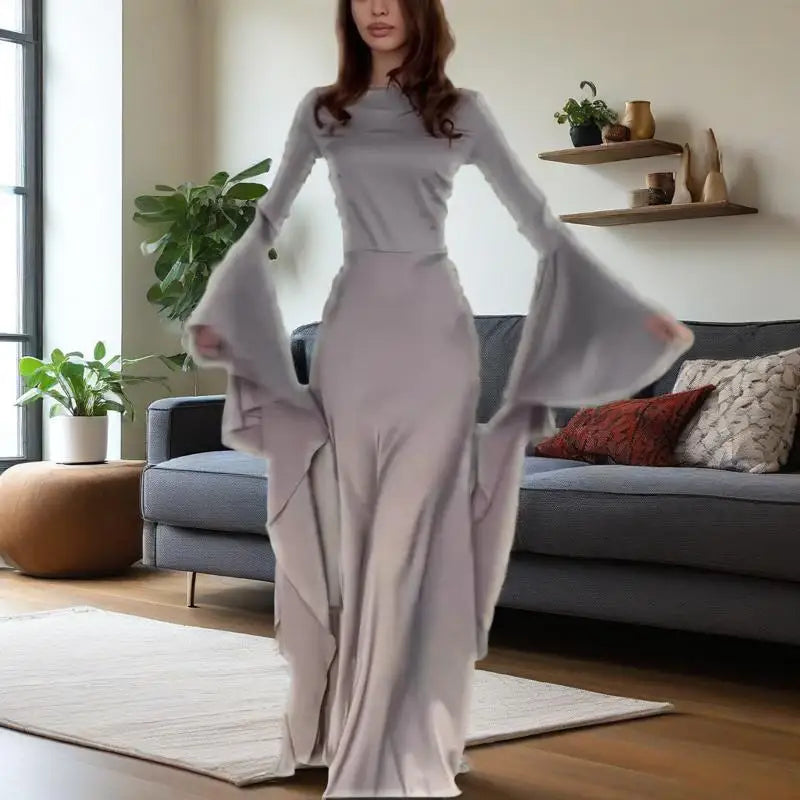 Evening Gown Dress Women's Sexy Slim Fit Solid Color Round Neck Flared Sleeves Elegant Style Summer New Item