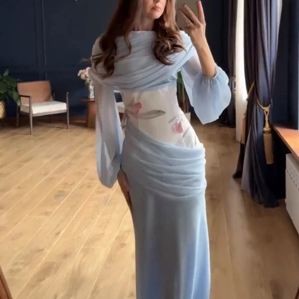 Women Blue Fashion Evening Gown Customized High Neck Long Sleeves Floral Chiffon Mermaid Party Dress Floor Length Prom Dress
