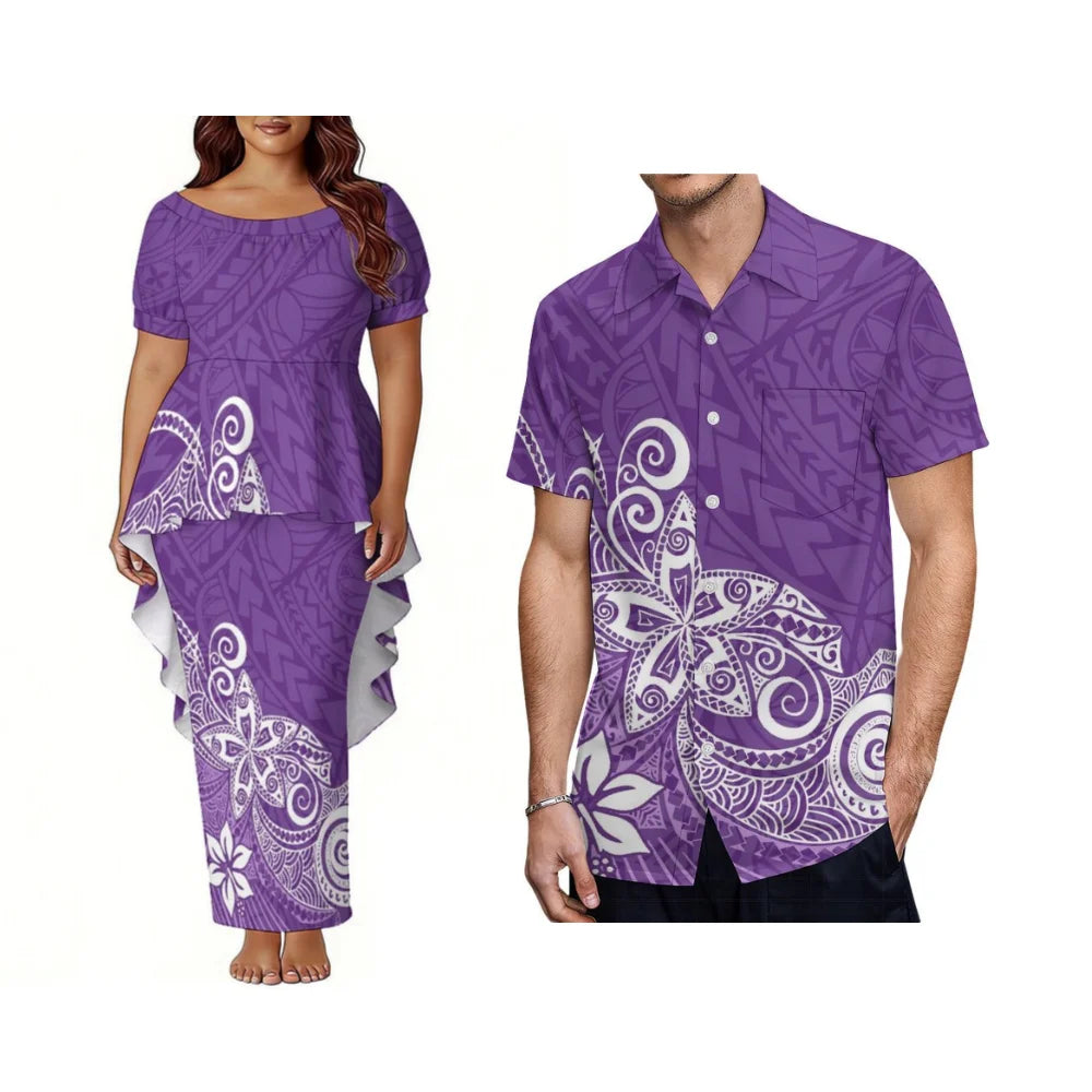 Polynesian Dinner Party Couple Outfits - Bubble Sleeve And Tailoring Style Puletasi Ladies' Dress - Casual Style Men'S Shirt