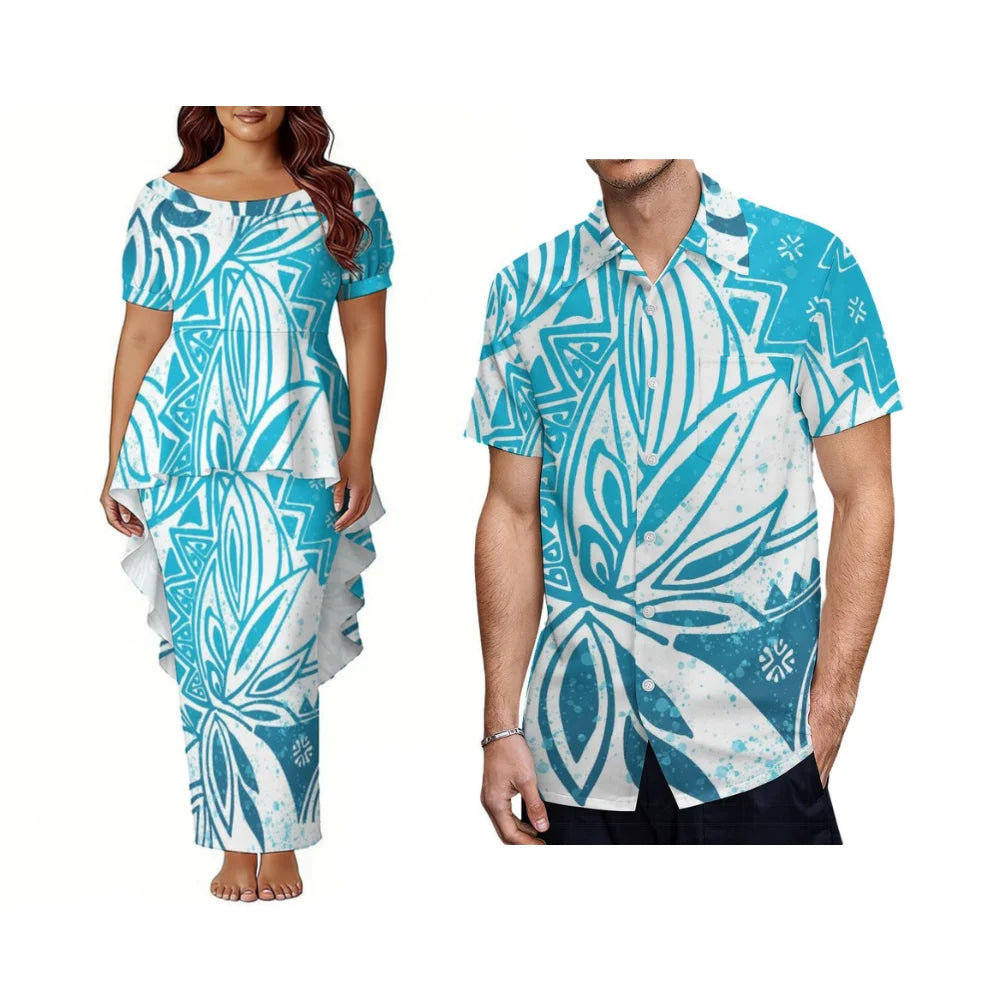 Polynesian Dinner Party Couple Outfits - Bubble Sleeve And Tailoring Style Puletasi Ladies' Dress - Casual Style Men'S Shirt