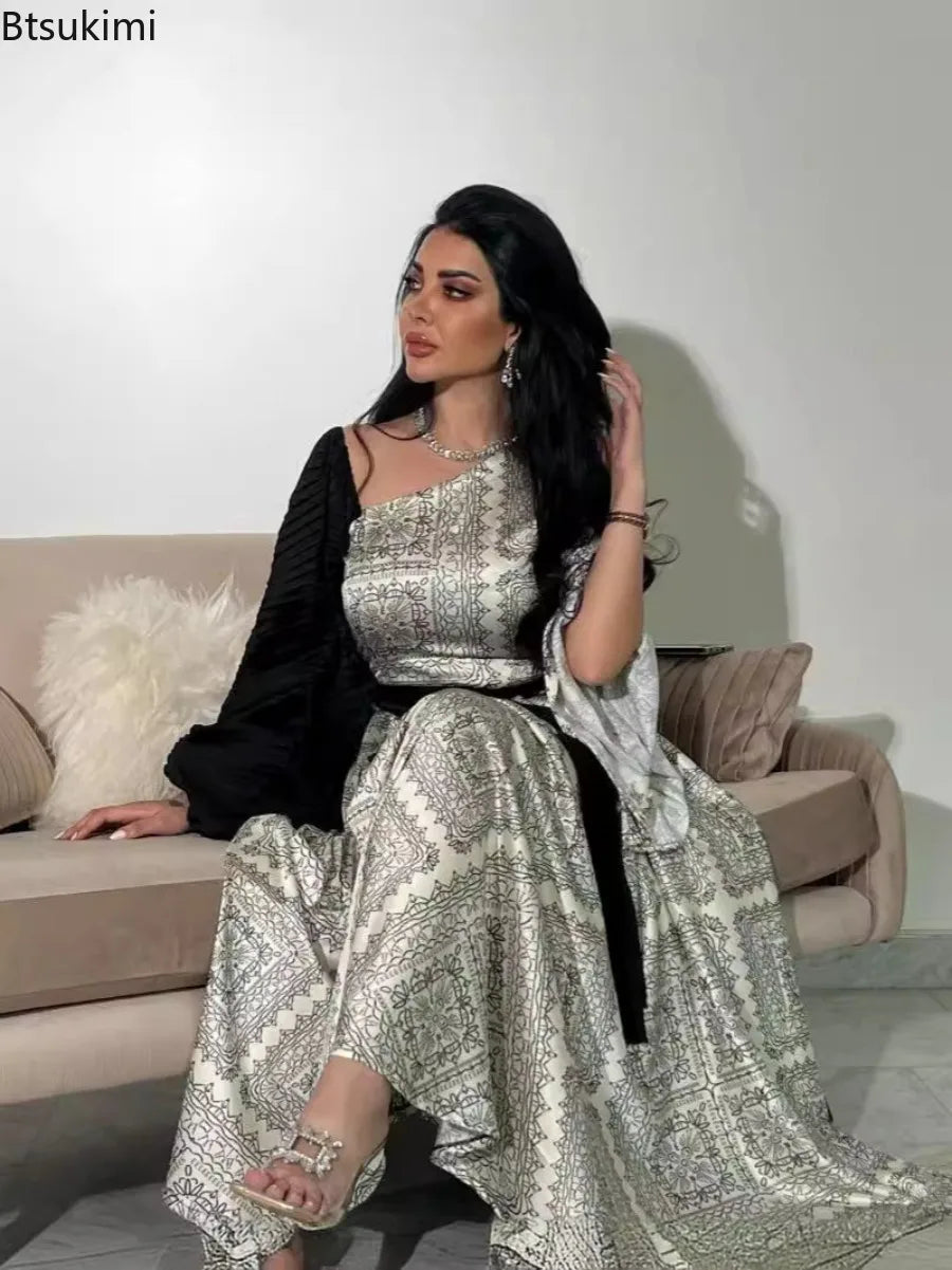 2026 New Women's Fashion Evening Dresses Sexy Printed Pleated Belt Splicing Party Gown Elegant and Noble Maxi Dresses for Women