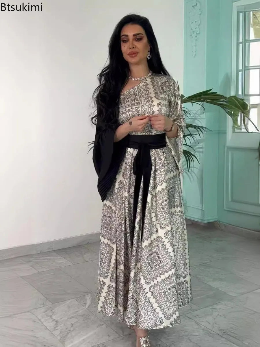 2026 New Women's Fashion Evening Dresses Sexy Printed Pleated Belt Splicing Party Gown Elegant and Noble Maxi Dresses for Women