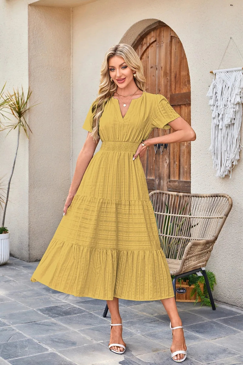 2026 New Dresses Women V Neck Ruched Puff Sleeve Dress Short Sleeve A-Line Flowy Dress Casual Summer Dropshipping