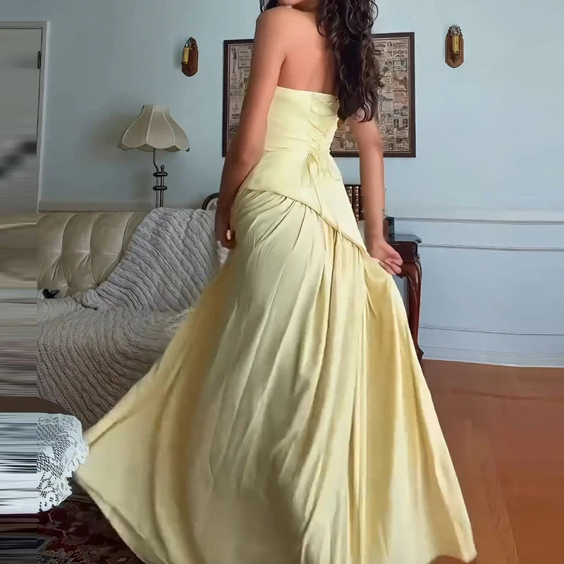 Women's Fashion Draped Solid Gown Dress Sexy Strapless Hight Waist Evening Dress Summer Elegant Sleeveless Backless Long Dress