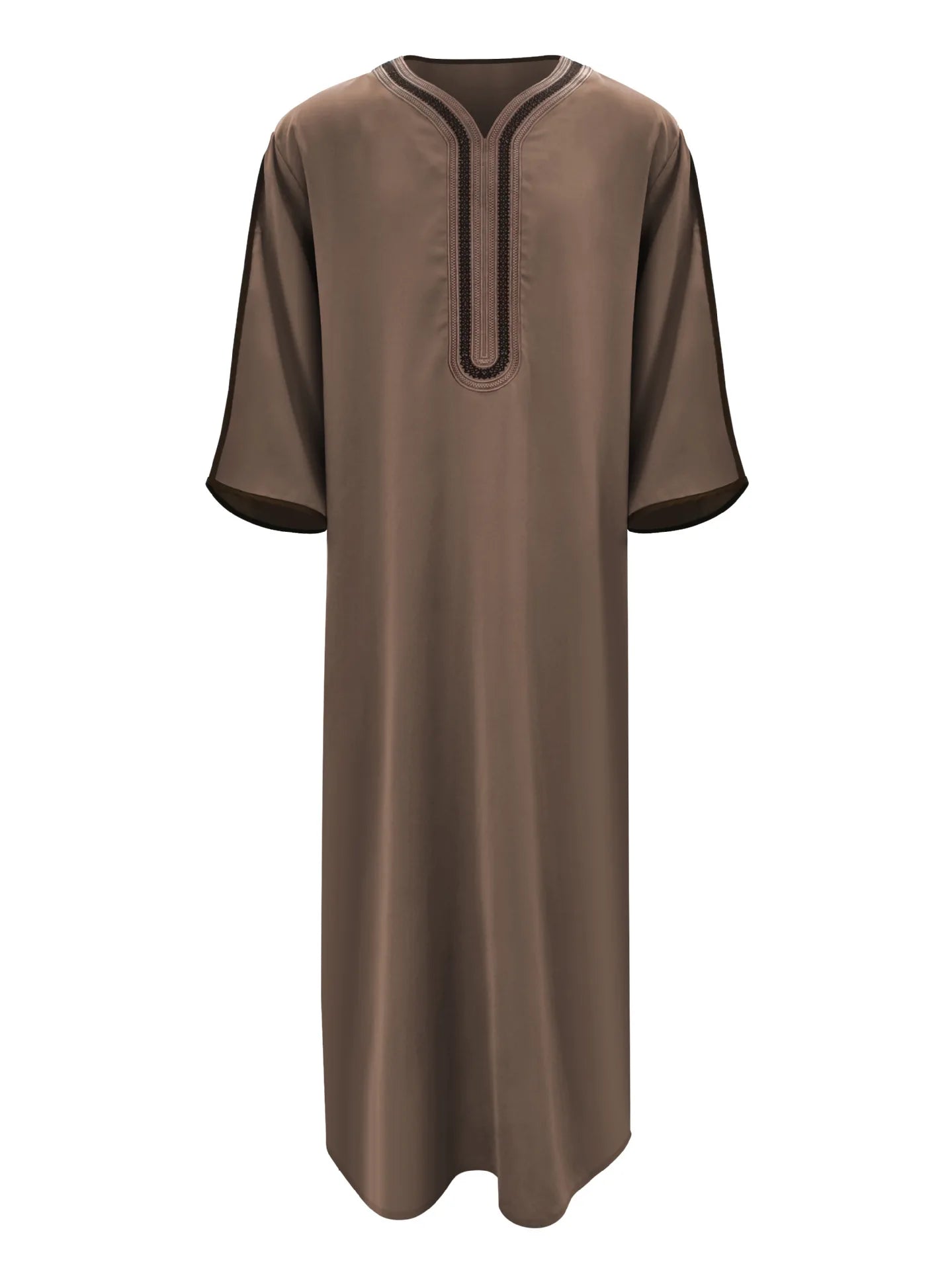 2026 Muslim Men Dress Solid Casual Robe V-neck Loose Kaftan Abayas Ethnic Style Embroidered Prayer Gown Arab Islamic Jubba Thobe