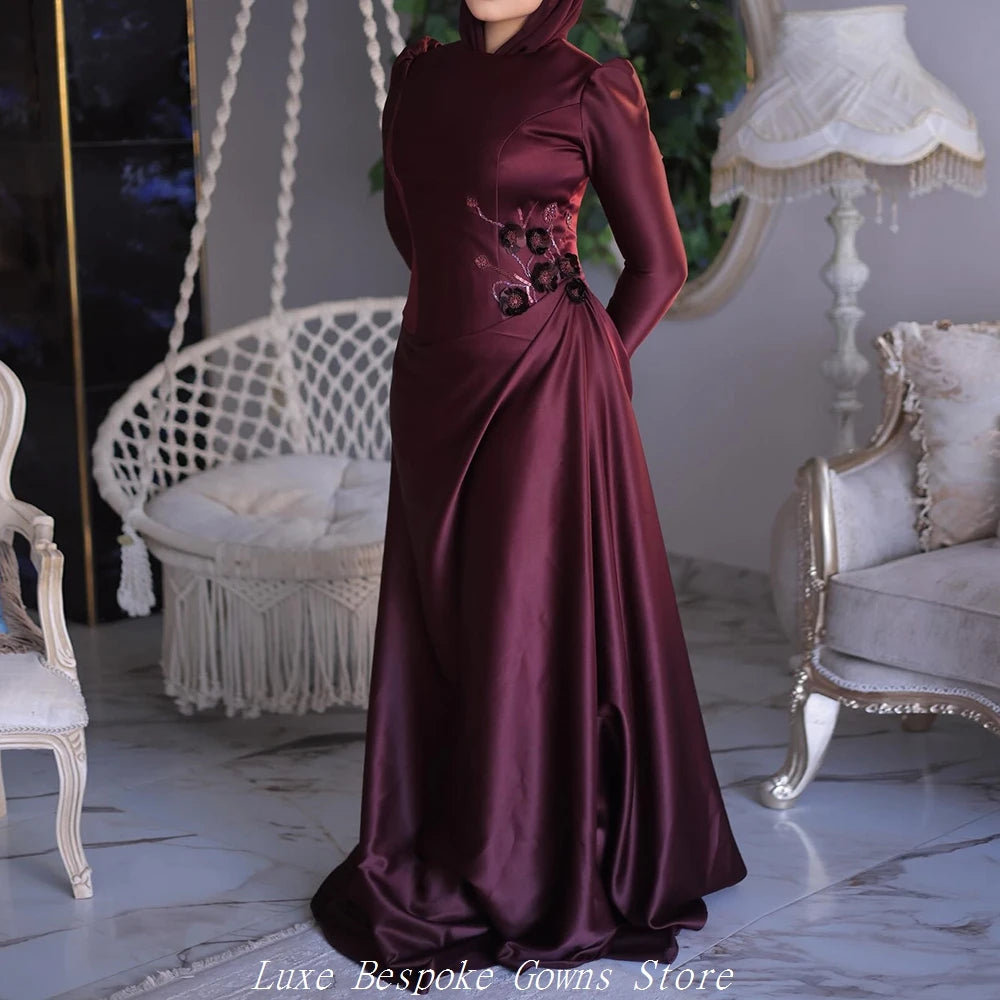 Women's Formal Evening Gowns A-line Floor-length O-neck Full Sleeve Prom Dresses Fashion Flowers Simple Draped Customized Gowns