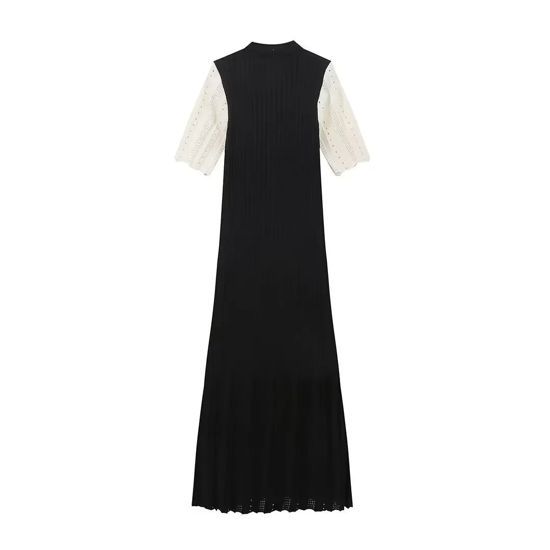 Women Elegant Knitted Long Dress Casual O Neck Solid Short Sleeved Button High Waist Split Dresses New Female Fashion Gown
