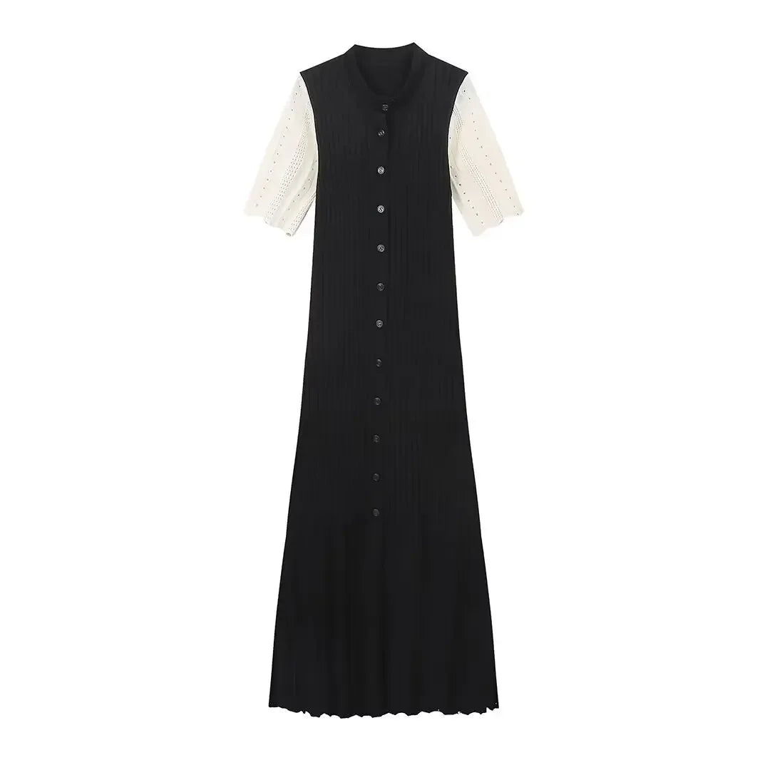 Women Elegant Knitted Long Dress Casual O Neck Solid Short Sleeved Button High Waist Split Dresses New Female Fashion Gown