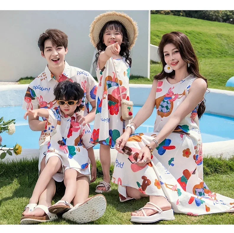 Couple Look Family Matching Outfits Parent-child Clothes Mother Daughter Sleeveless Dress Father Vacation Area Son Beach Shirts