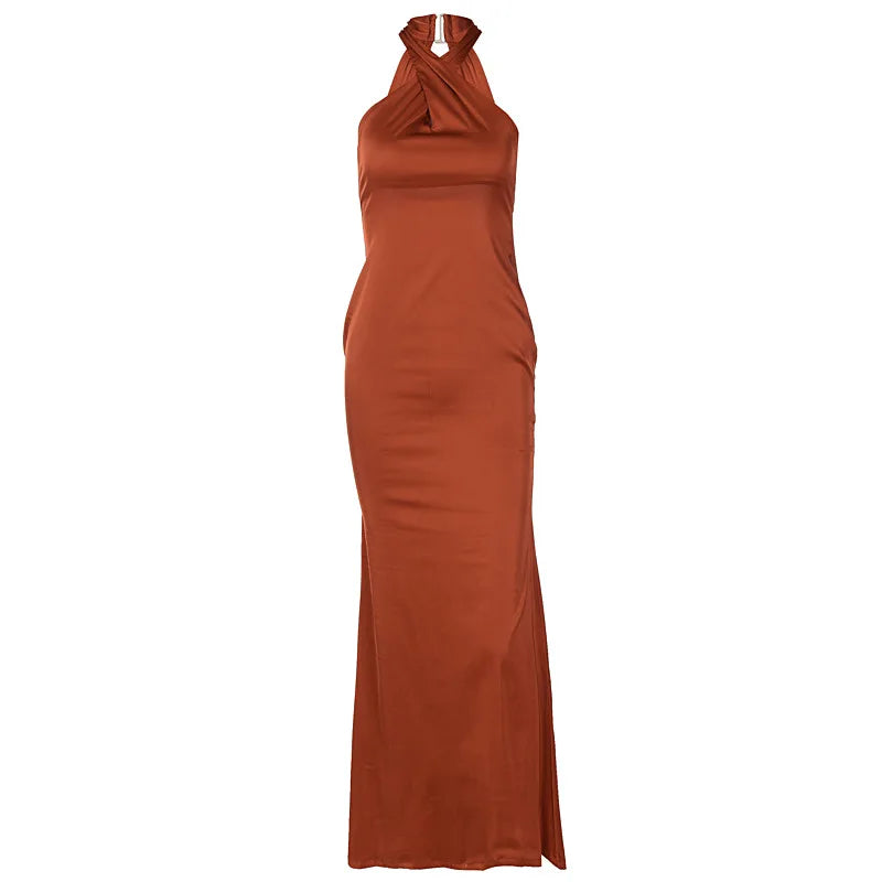 Women's Vestidos De Fiesta Elegantes Vestidos Elegant Halter Neck Twist Front Maxi Dress Slim Fit Evening Party Gown