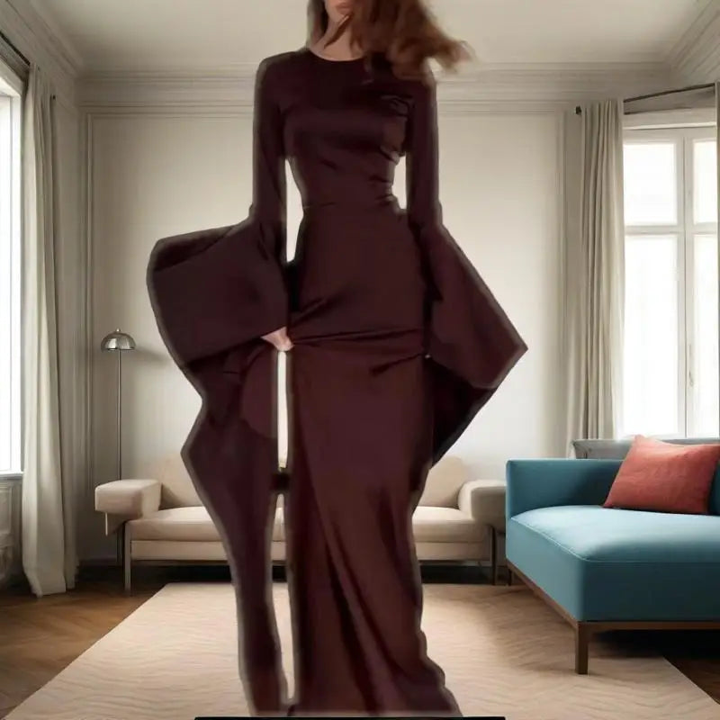 Evening Gown Dress Women's Sexy Slim Fit Solid Color Round Neck Flared Sleeves Elegant Style Summer New Item