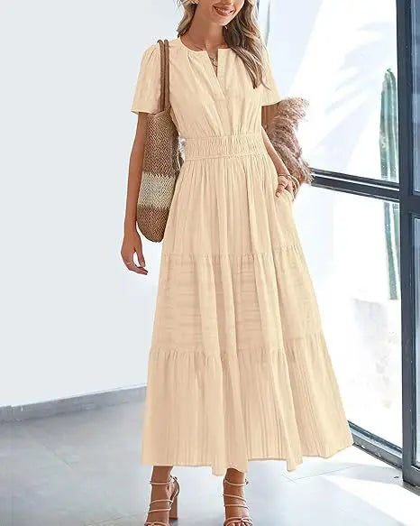 2026 New Dresses Women V Neck Ruched Puff Sleeve Dress Short Sleeve A-Line Flowy Dress Casual Summer Dropshipping