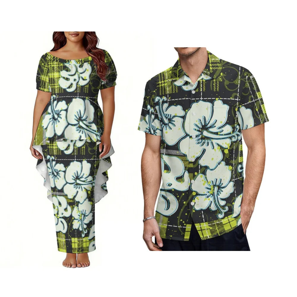 Polynesian Dinner Party Couple Outfits - Bubble Sleeve And Tailoring Style Puletasi Ladies' Dress - Casual Style Men'S Shirt