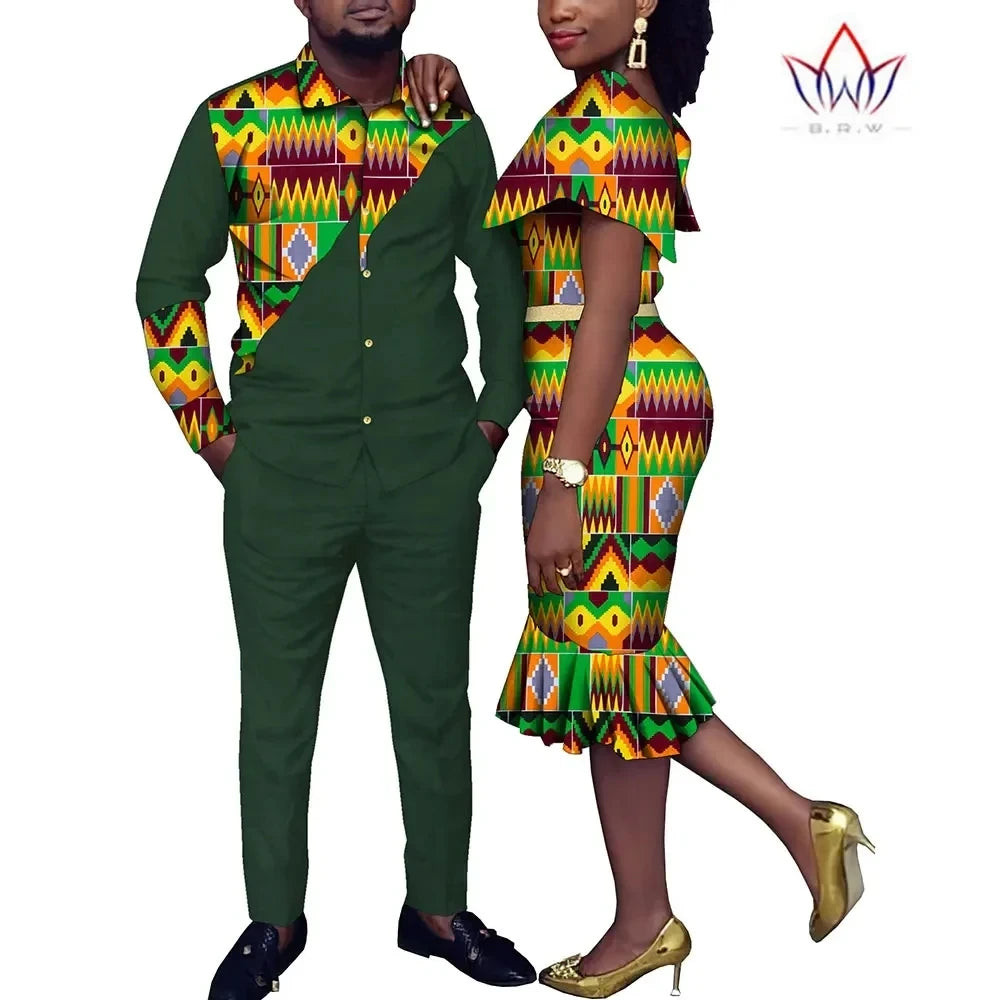 African Couple Clothes Suit and Dress 2 Pcs Couple Matching Outfits African Clothes Women and Men Wedding Party Dress WYQ1051
