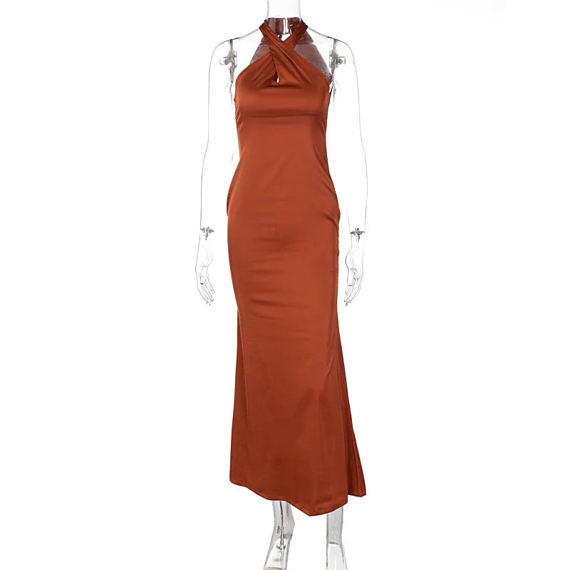 Women's Vestidos De Fiesta Elegantes Vestidos Elegant Halter Neck Twist Front Maxi Dress Slim Fit Evening Party Gown