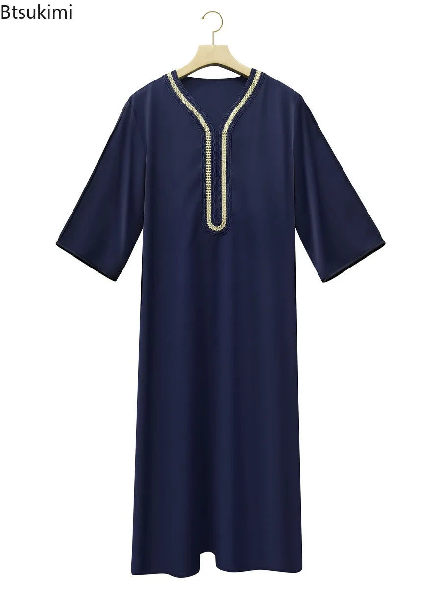 2026 Muslim Men Dress Solid Casual Robe V-neck Loose Kaftan Abayas Ethnic Style Embroidered Prayer Gown Arab Islamic Jubba Thobe