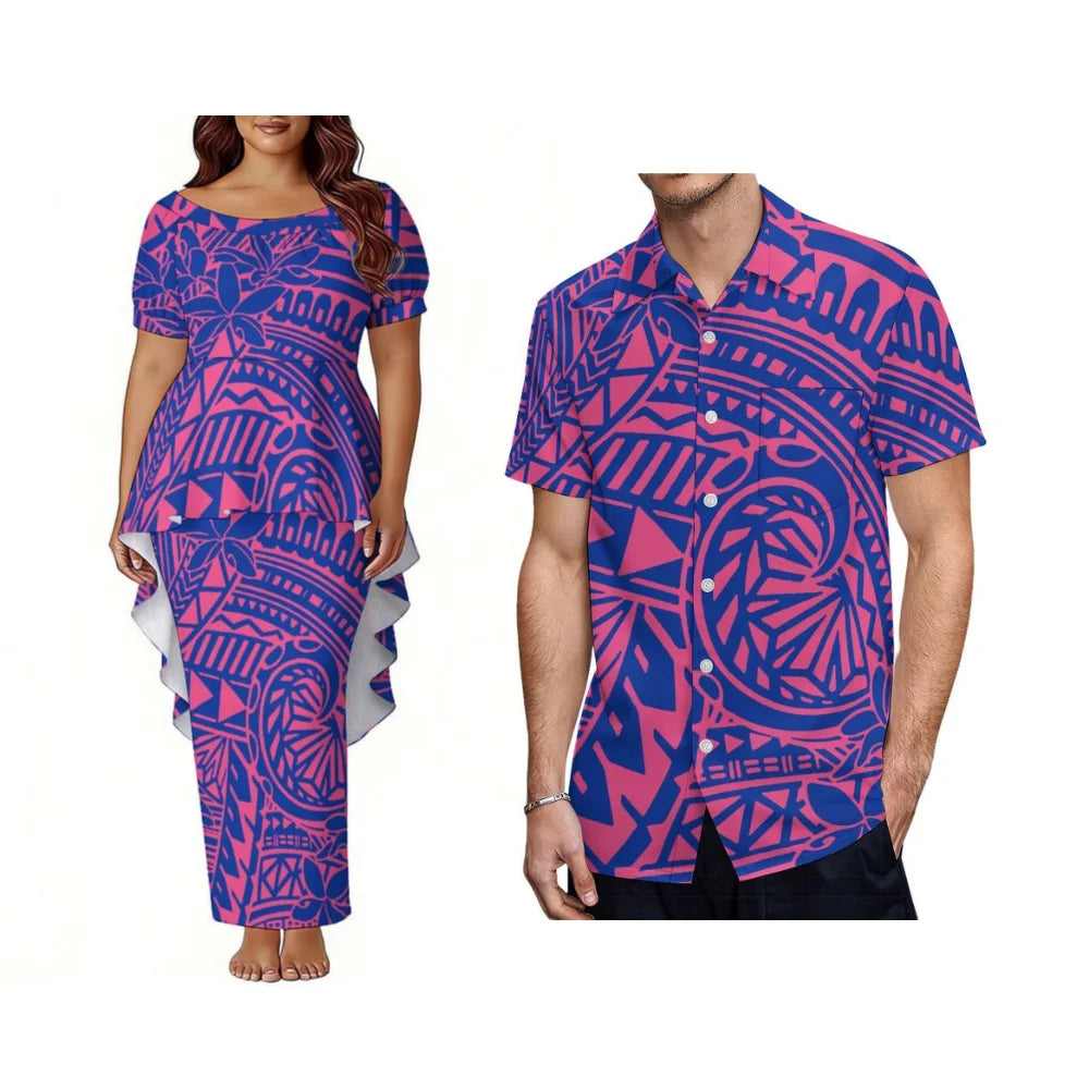 Polynesian Dinner Party Couple Outfits - Bubble Sleeve And Tailoring Style Puletasi Ladies' Dress - Casual Style Men'S Shirt