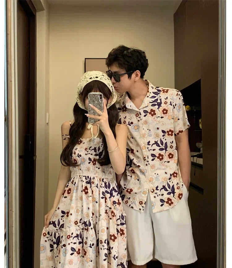 Parent-Child Family Holiday Outfits For Couple Brother Sister Dad Son Beach Shirts Mom Girl Floral Smocking Dress Korean Clothes