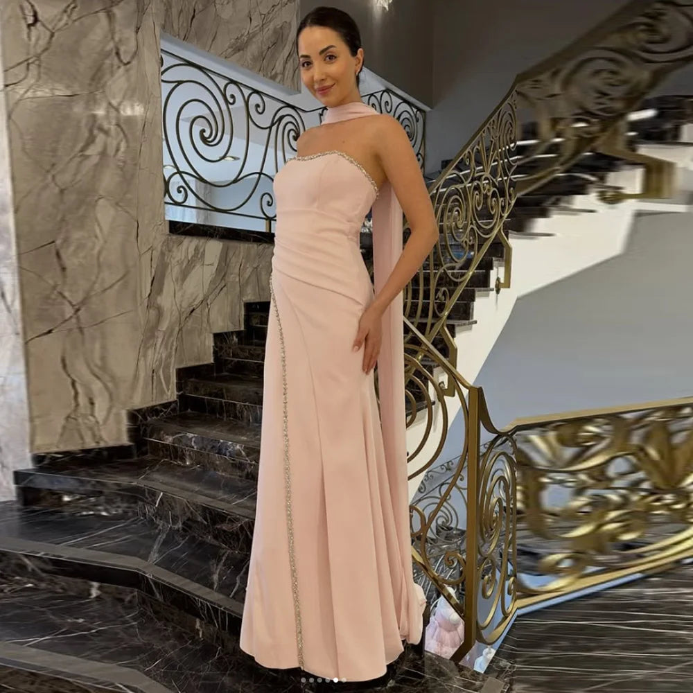 Women's Formal Evening Gowns A-line Floor-length Strapless Sleeveless Prom Dresses Fashion Crystal Simple Party Gowns Customized