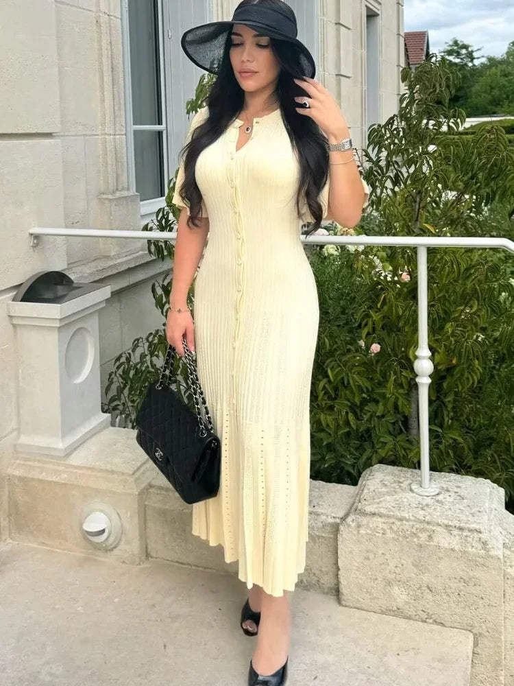 Women Elegant Knitted Long Dress Casual O Neck Solid Short Sleeved Button High Waist Split Dresses New Female Fashion Gown