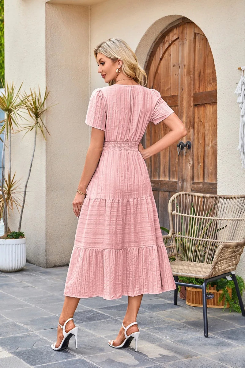2026 New Dresses Women V Neck Ruched Puff Sleeve Dress Short Sleeve A-Line Flowy Dress Casual Summer Dropshipping