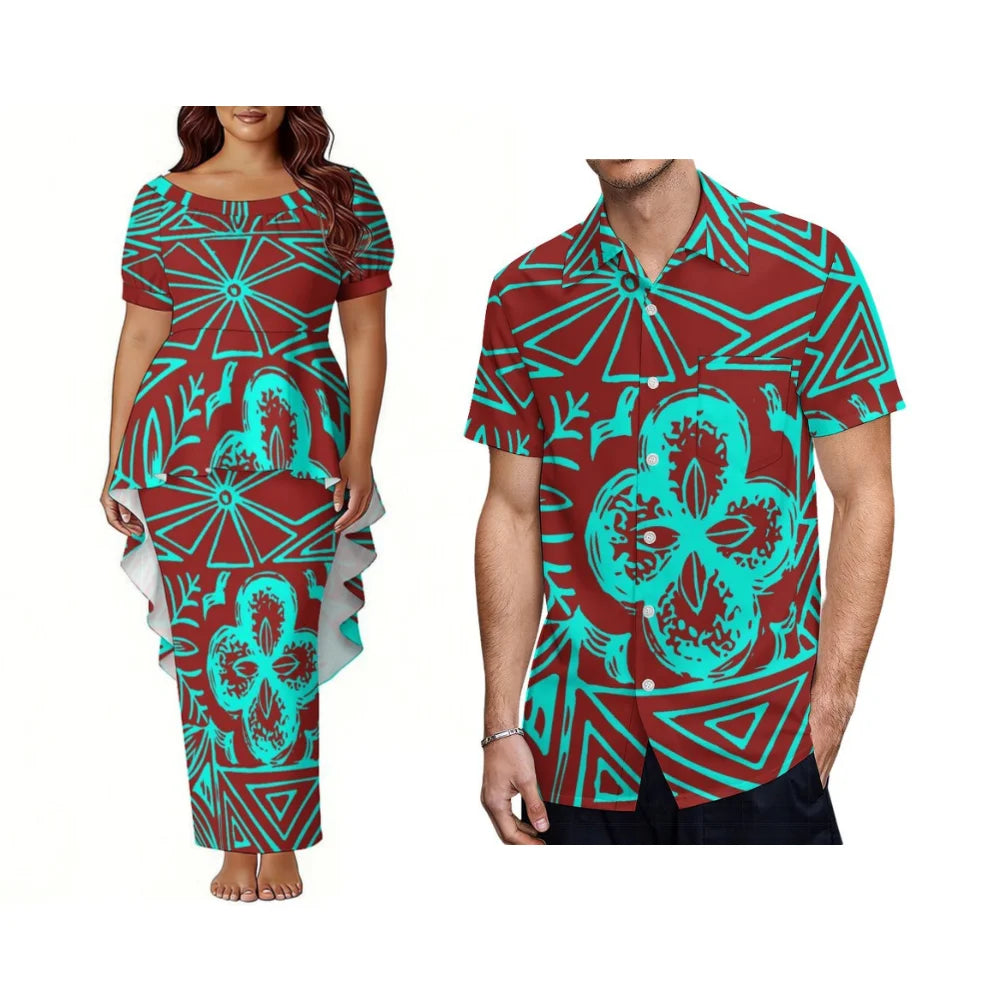 Polynesian Dinner Party Couple Outfits - Bubble Sleeve And Tailoring Style Puletasi Ladies' Dress - Casual Style Men'S Shirt