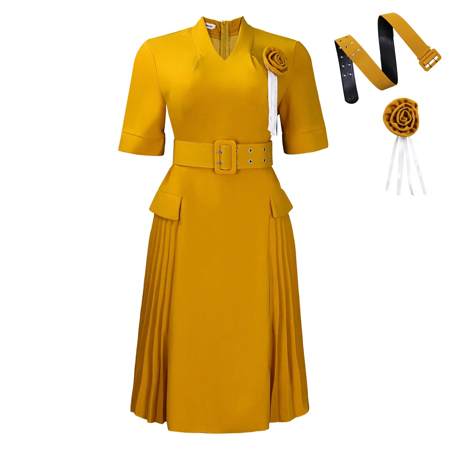 Elegant Party Dresses for Women V Neck Short Sleeve Belt Waisted Pleated Mid Calf Fashion Ladies Birthday Dinner Night Wear Robe