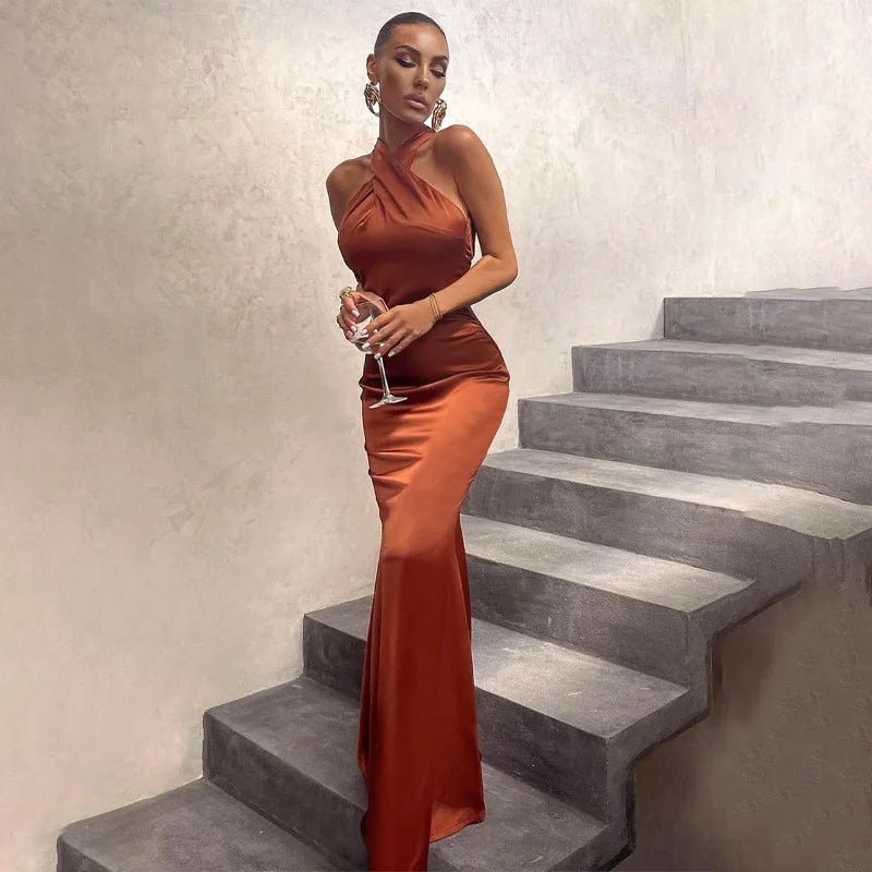 Women's Vestidos De Fiesta Elegantes Vestidos Elegant Halter Neck Twist Front Maxi Dress Slim Fit Evening Party Gown