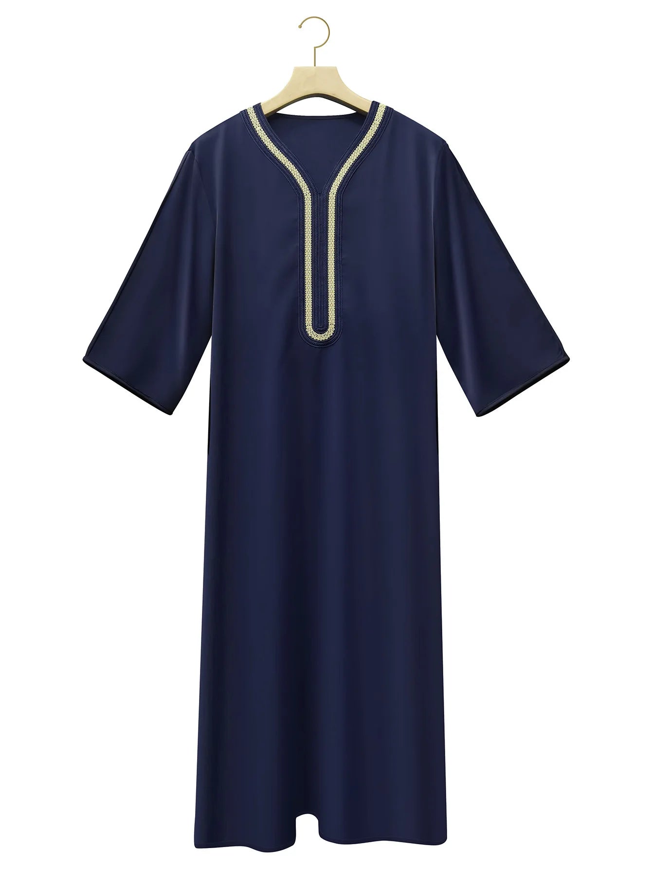 2026 Muslim Men Dress Solid Casual Robe V-neck Loose Kaftan Abayas Ethnic Style Embroidered Prayer Gown Arab Islamic Jubba Thobe