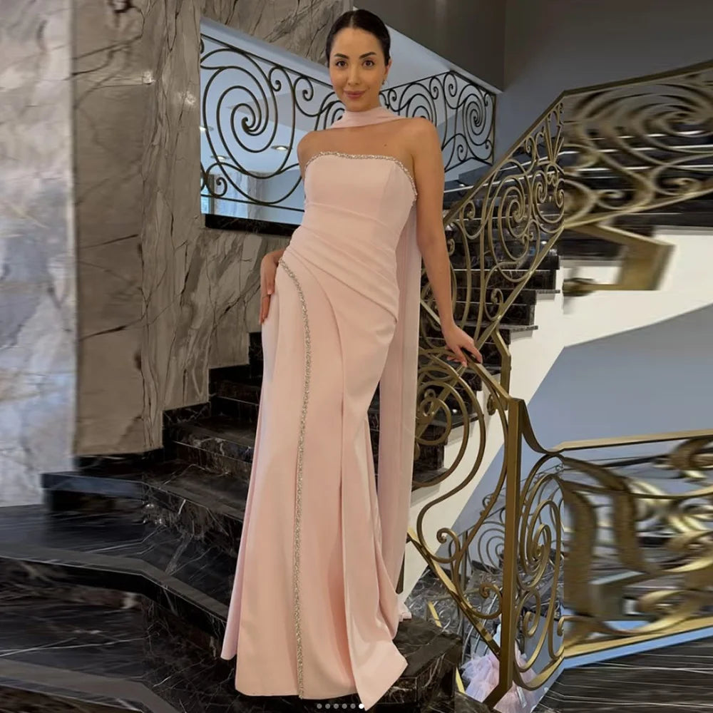 Women's Formal Evening Gowns A-line Floor-length Strapless Sleeveless Prom Dresses Fashion Crystal Simple Party Gowns Customized