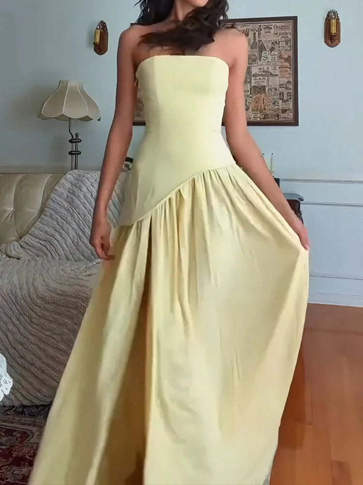 Women's Fashion Draped Solid Gown Dress Sexy Strapless Hight Waist Evening Dress Summer Elegant Sleeveless Backless Long Dress