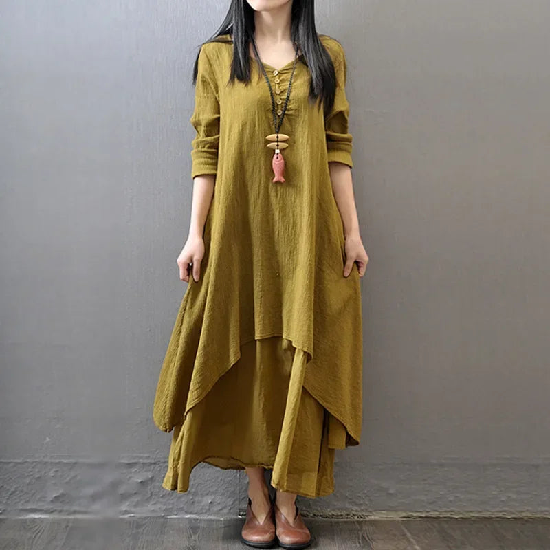 Women's Dress Long Dress Fashion Fake Two Pieces Loose Long Sleeve Art Big Swing Cotton Hemp Bohemian Cotton Vintage Women Dress
