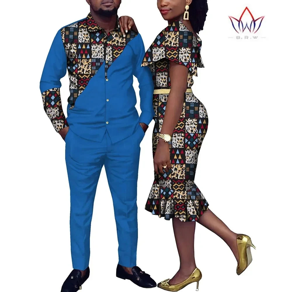 African Couple Clothes Suit and Dress 2 Pcs Couple Matching Outfits African Clothes Women and Men Wedding Party Dress WYQ1051
