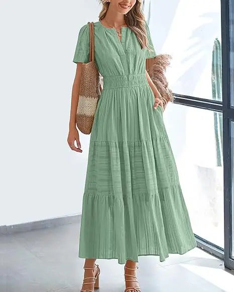 2026 New Dresses Women V Neck Ruched Puff Sleeve Dress Short Sleeve A-Line Flowy Dress Casual Summer Dropshipping
